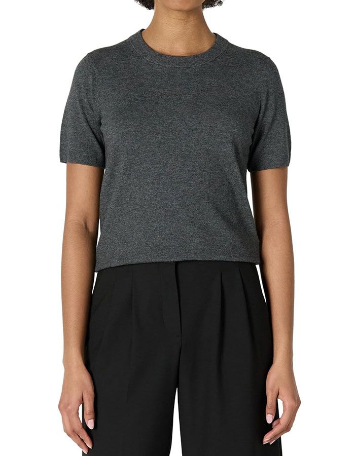 Amazon Essentials Women's Regular-Fit Short Sleeve Pullover Sweater Top, Charcoal Heather, Small