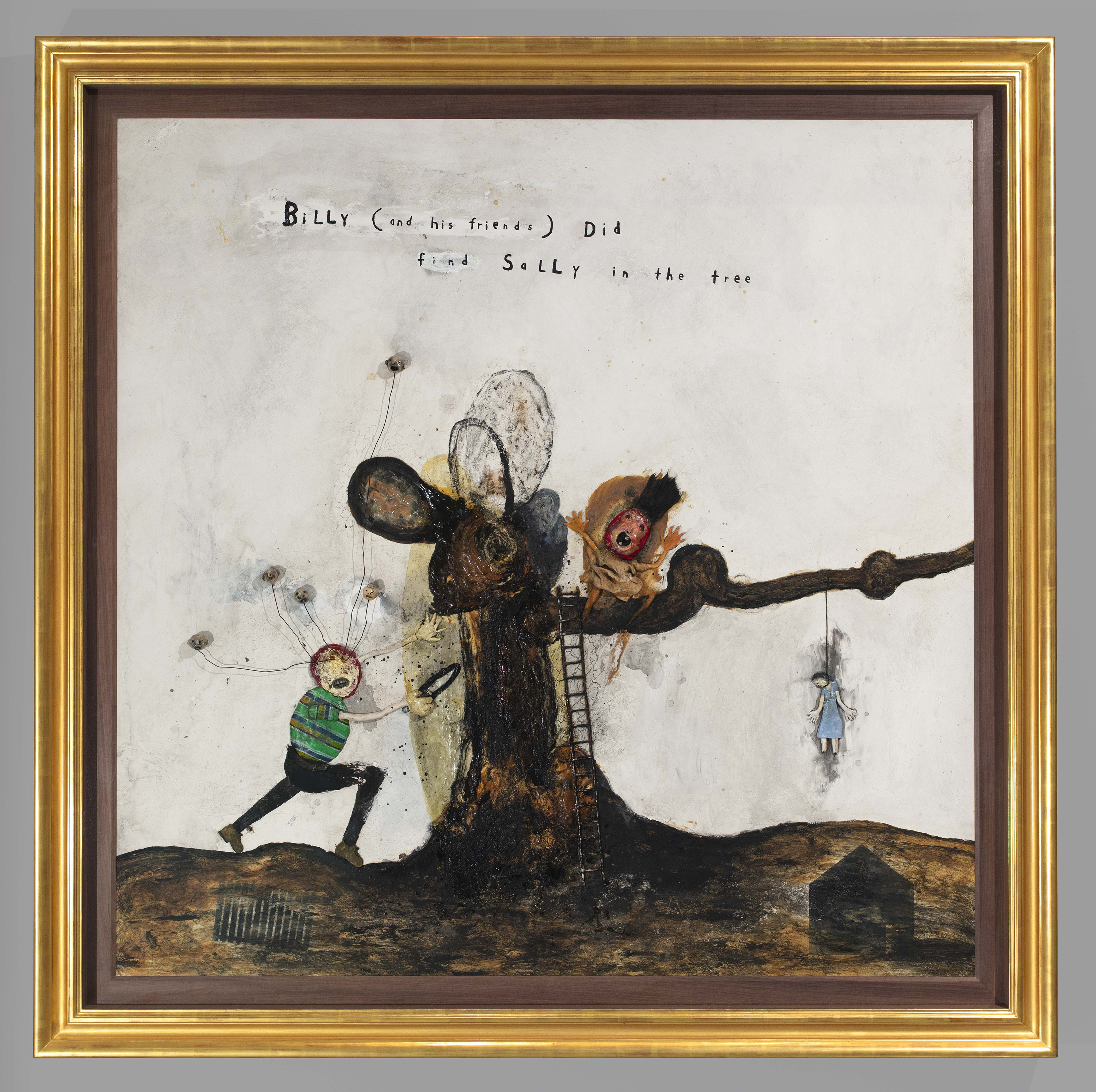 Painting by David Lynch showing a boy beside a tree, in which sit abstract, oversized creatures