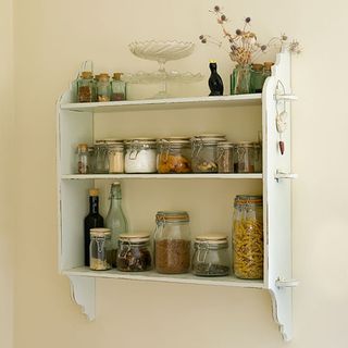 wooden shelves with groceries