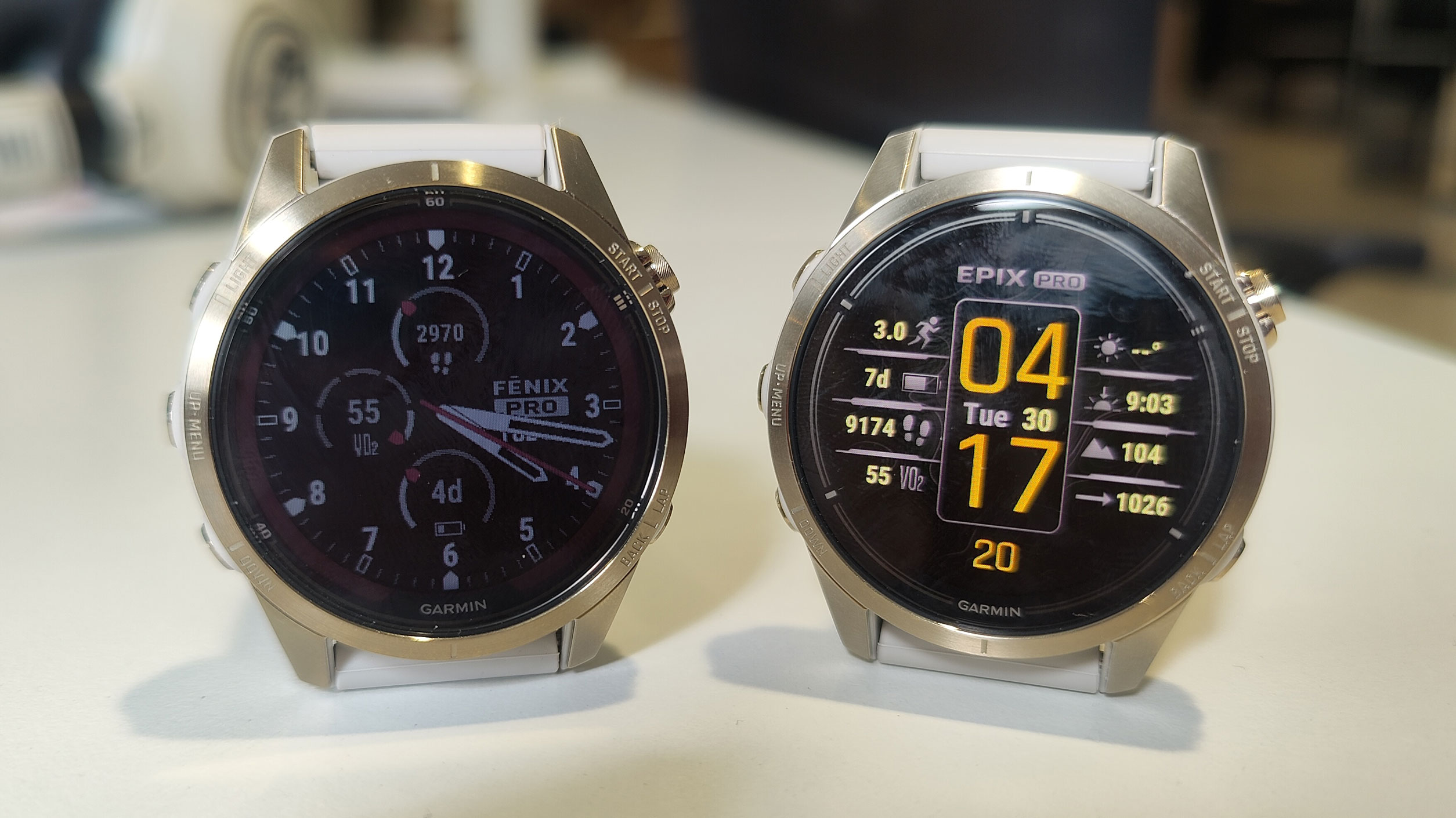 Garmin Fenix 7S Pro and Garmin Epix Pro side-by-side