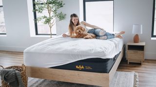 best Nolah mattress sales and discounts: a woman lies on the Nolah mattress with her puppy
