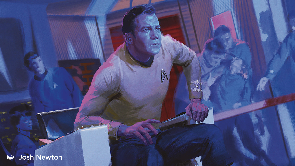 Artwork from the Magic The Gathering Star Trek crossover showing Captain Kirk