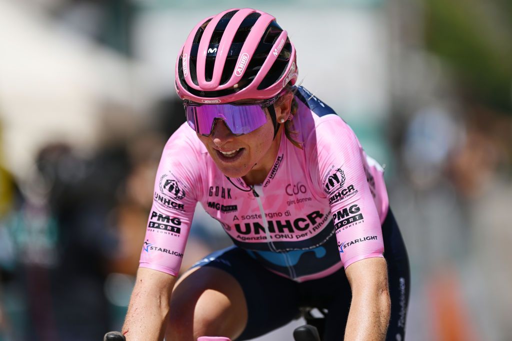 ALDENO ITALY JULY 08 Annemiek Van Vleuten of Netherlands and Movistar Team Pink Leader Jersey celebrates at finish line as stage winner during the 33rd Giro dItalia Donne 2022 Stage 8 a 1047km stage from Rovereto to Aldeno GiroDonne UCIWWT on July 08 2022 in Aldeno Italy Photo by Dario BelingheriGetty Images