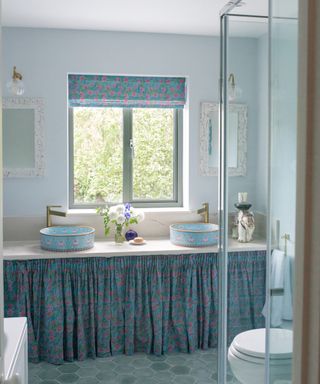 A vintage-style bathroom with bathroom vanity curtains