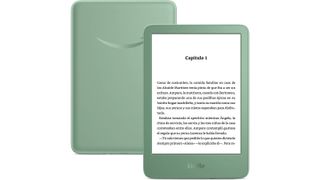 The front and back of a green Amazon Kindle ereader