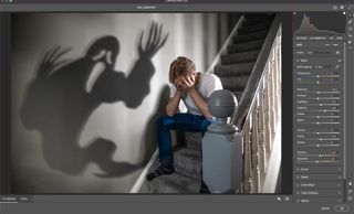 Adobe CC screenshot of shadowy specter and man sat on stairs with adjustment sliders to the right