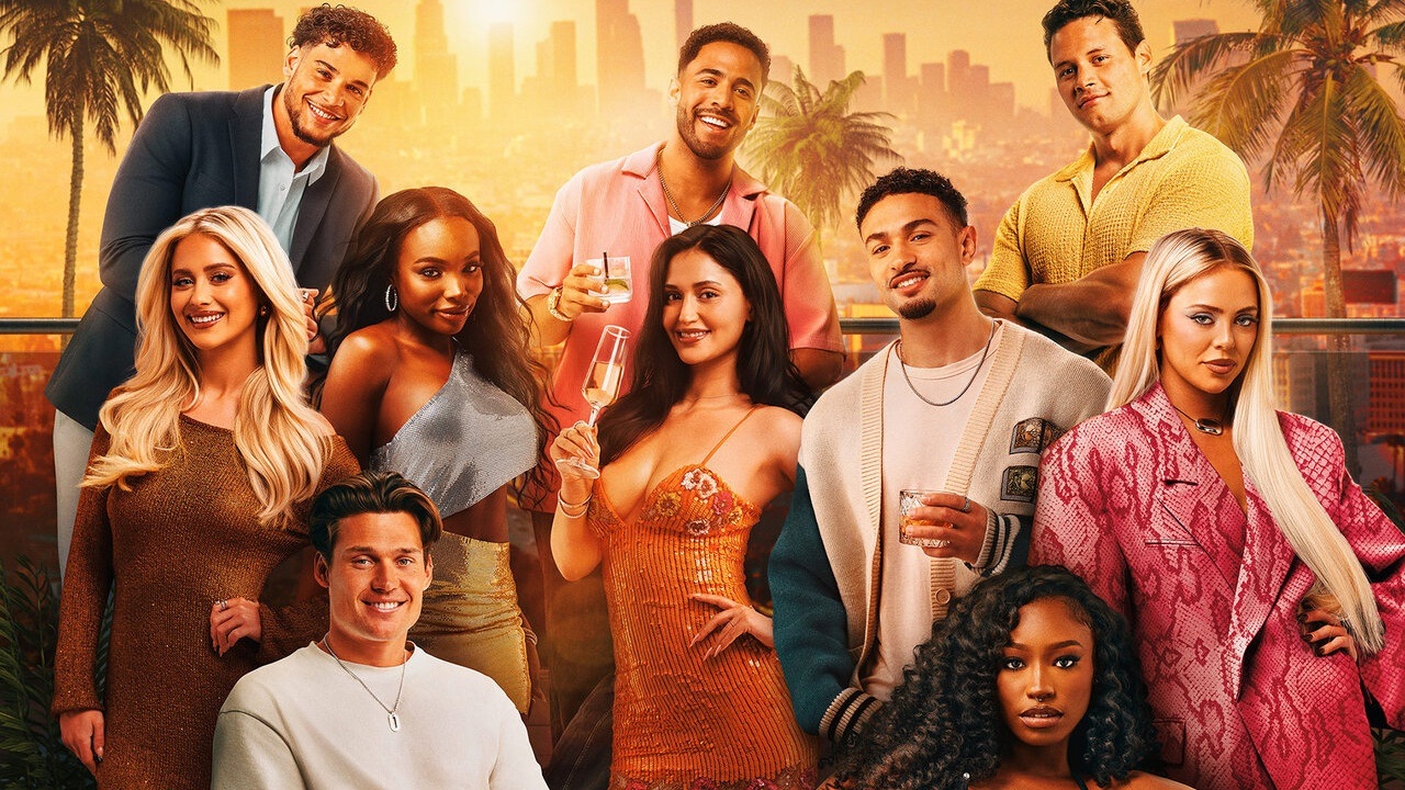 Ten of the cast from Love Island USA Season 6 set against the sun-drenched, palm tree-lined backdrop of downtown LA in a promotional image for series spin-off Love Island: Beyond the Villa.
