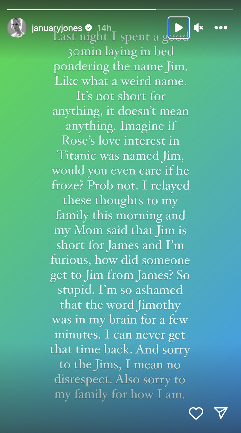 January Jones Furiously Learned "Jim" Is Short for "James" Marie Claire