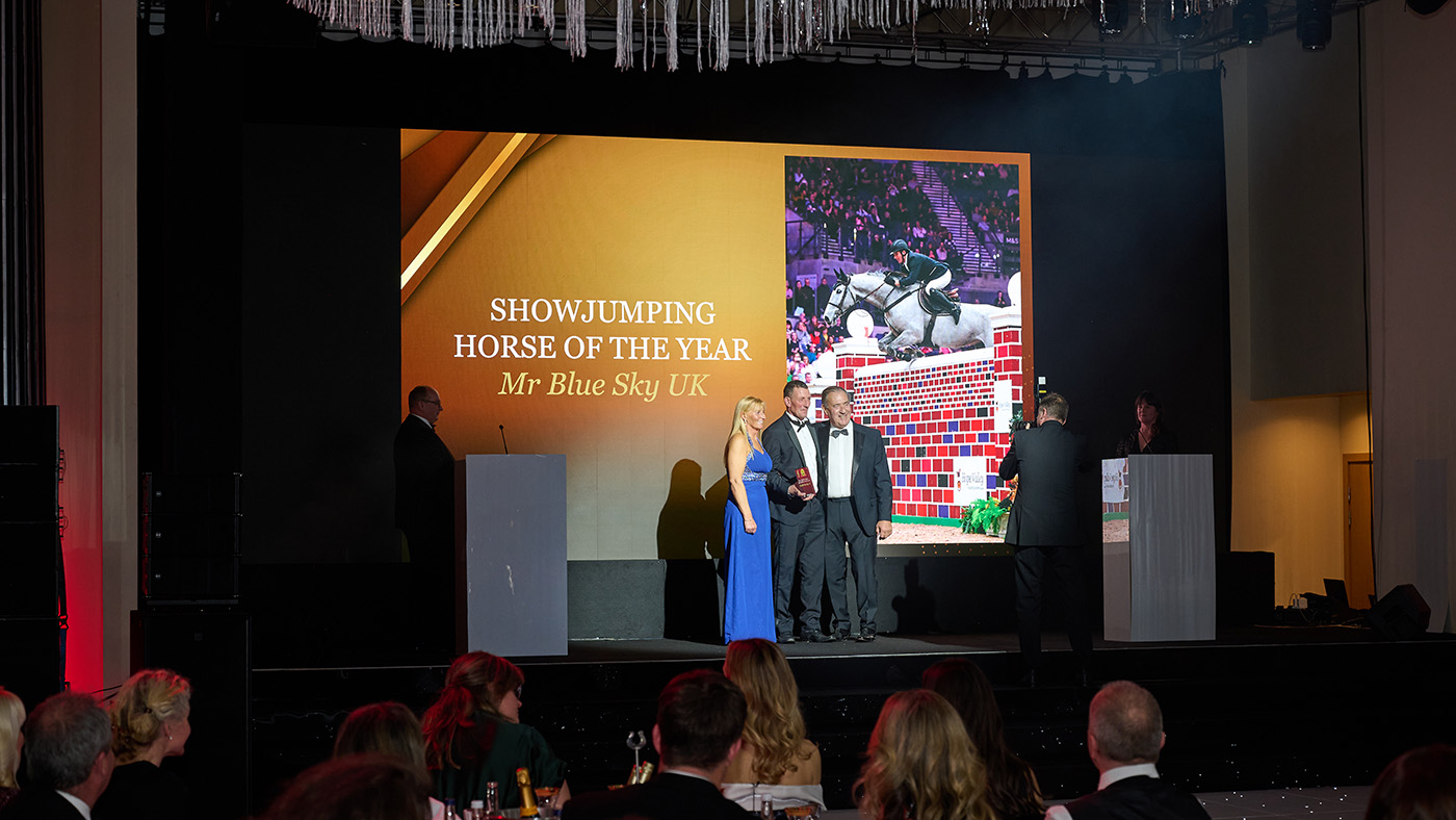 Guy Williams on stage to collect Mr Blue Sky UK&amp;rsquo;s award - Horse &amp;amp; Hound Awards photos 2024