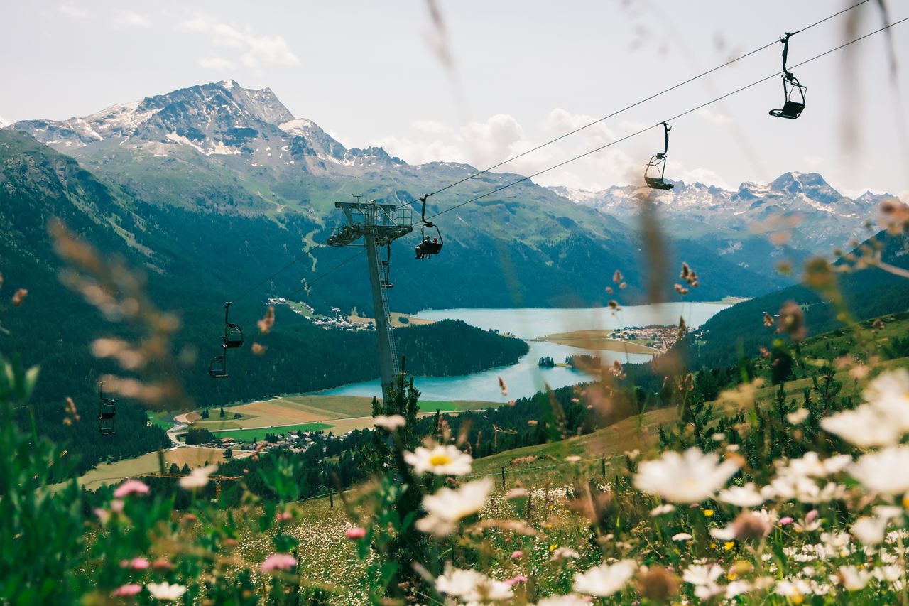 A ski lift, situated atop a lush, blooming natural reserve encircling a moutain lake, is captured in spring while bathing in the sunshine.