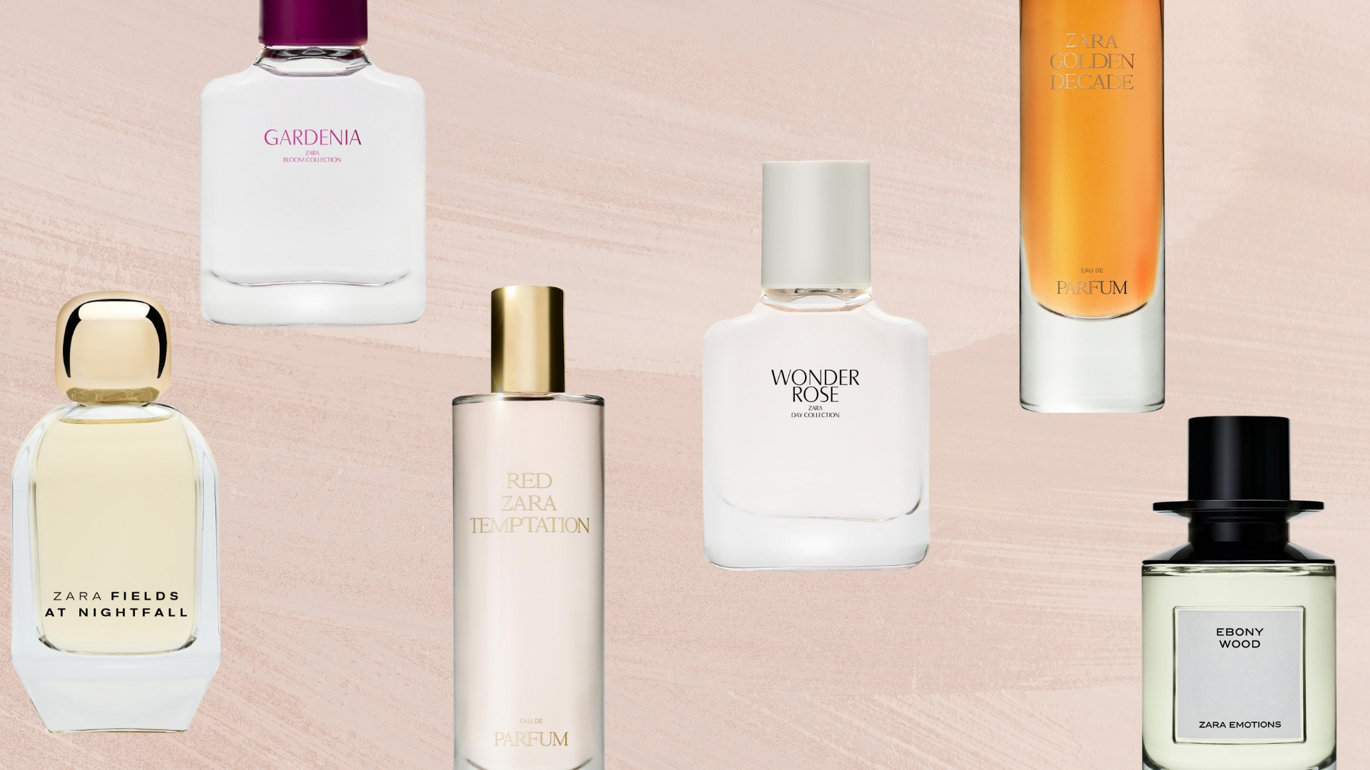 Collage of the best Zara perfumes on a light pink background (L-R) Fields at Nightfall, Gardenia, Red Temptation, Wonder Rose, Golden Decade and Emotions Ebony Woods