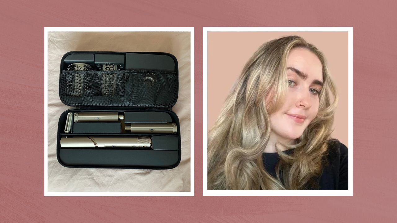 Collage of two images in white frames, a birds eye view of the Shark FlexStyle when it is first unboxed (left) and woman&amp;home&#039;s beauty writer after using the tool&#039;s curling barrels to style her hair, against a dark pink watercolour-style background