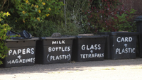 Recycling boxes with different signs on them