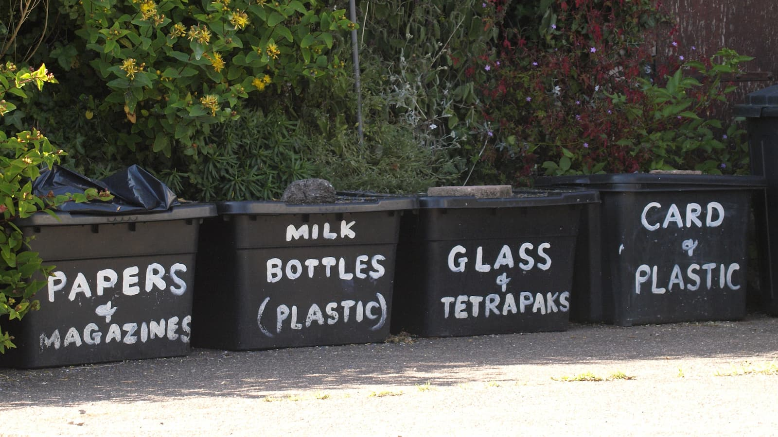 Recycling boxes with different signs on them
