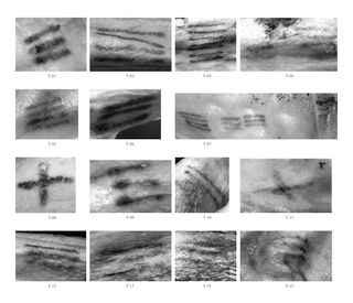 Close up images of some of Ötzi's tattoos.