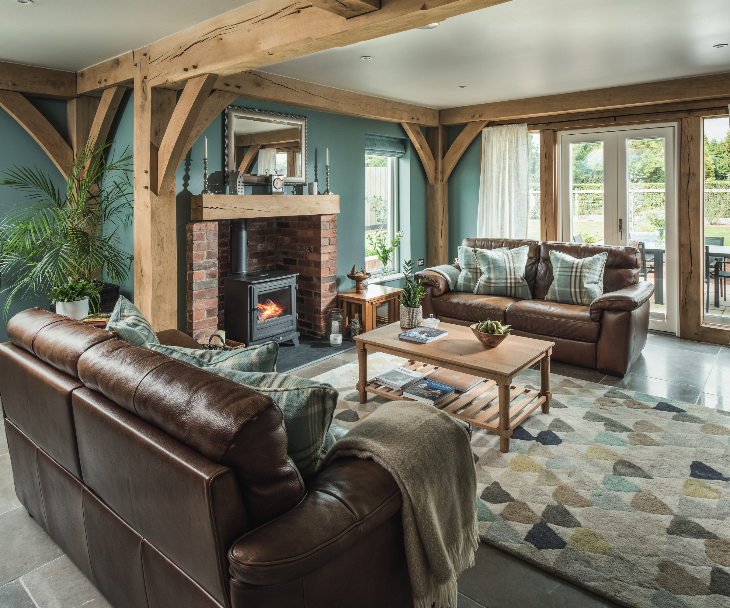inside living room of custom build oak frame home