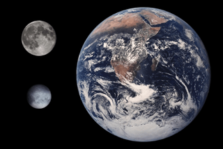 earth on the right, the moon in the upper left and pluto to the lower left.