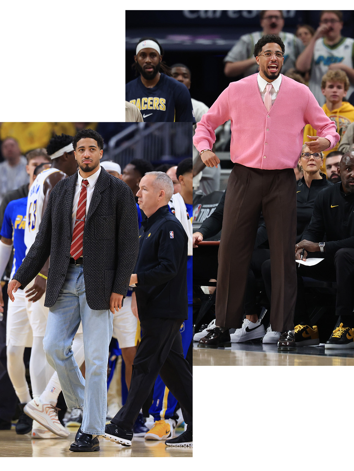Two side-by-side photos of Tyrese Haliburton on the sidelines at Indiana Pacers games in the 2025/26 NBA season.