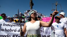 Mexican judicial branch workers on strike are seen in Tijuana during a protest on Aug. 25, 2024