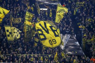 Fans in the &#039;Yellow Wall&#039; at Borussia Dortmund&#039;s Westfalenstadion, 2019