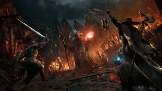 Lords of the Fallen AI; a wizard and a knight attack a monster
