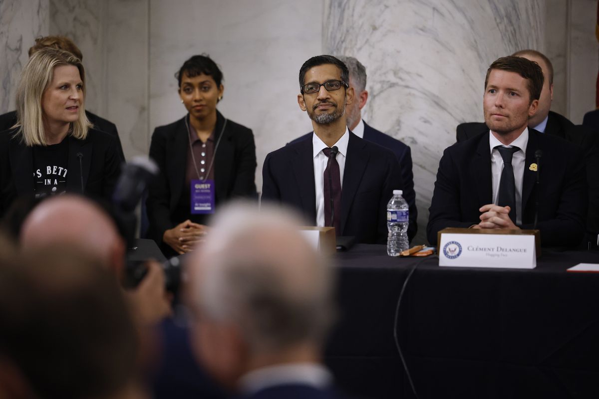 Google CEO Sundar Pichai pictured with Hugging Face CEO Clement Delangue at the &quot;AI Insight Forum&quot; in the Kennedy Caucus Room in the Russell Senate Office Building on Capitol Hill on September 13, 2023 in Washington, DC.