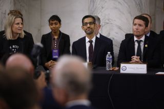 Google CEO Sundar Pichai pictured with Hugging Face CEO Clement Delangue at the "AI Insight Forum" in the Kennedy Caucus Room in the Russell Senate Office Building on Capitol Hill on September 13, 2023 in Washington, DC.