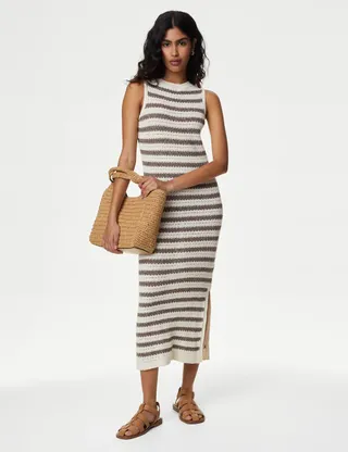 M&S Collection, Cotton Rich Striped Midi Knitted Dress