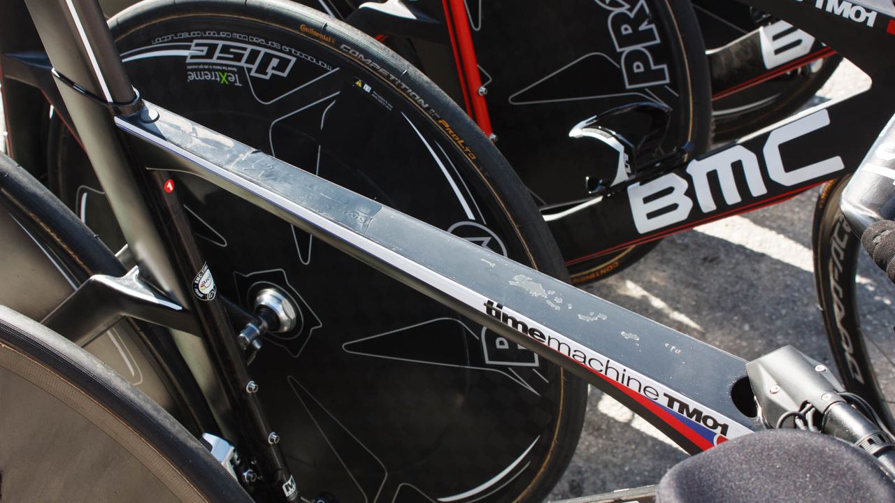 This bike has clearly been with Team BMC for a while &ndash; the writing under the tape reads "Peter Velits [&hellip;] Champion 2013", likely a reference to his victory in the Czech National TT champs that year. He went on to take the red jersey in the day's stage (Matthew Allen / Immediate Media)