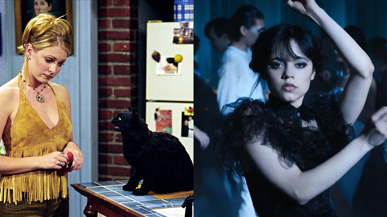 a collage of the best supernatural tv shows featuring sabrina the teenage witch talking to her cat salem and jenna ortega as wednesday addams dancing in wednesday