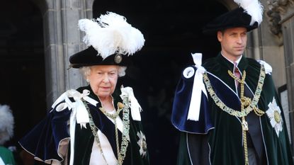  Queen Elizabeth II and Prince William, Duke of Cambridge leave The Thistle Service at St Giles Cathedral on July 6, 2018 in Edinburgh, Scotland. 