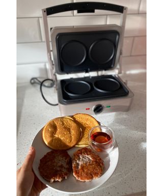 A McDonald's style sausage and American pancake meal made at home with Cuisinart 2-in-1 pancake and waffle maker