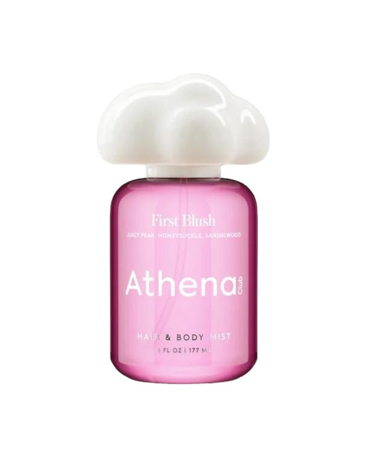 A bottle of Athena Club's First Blush Hair &amp;amp; Body Mist on a white background.