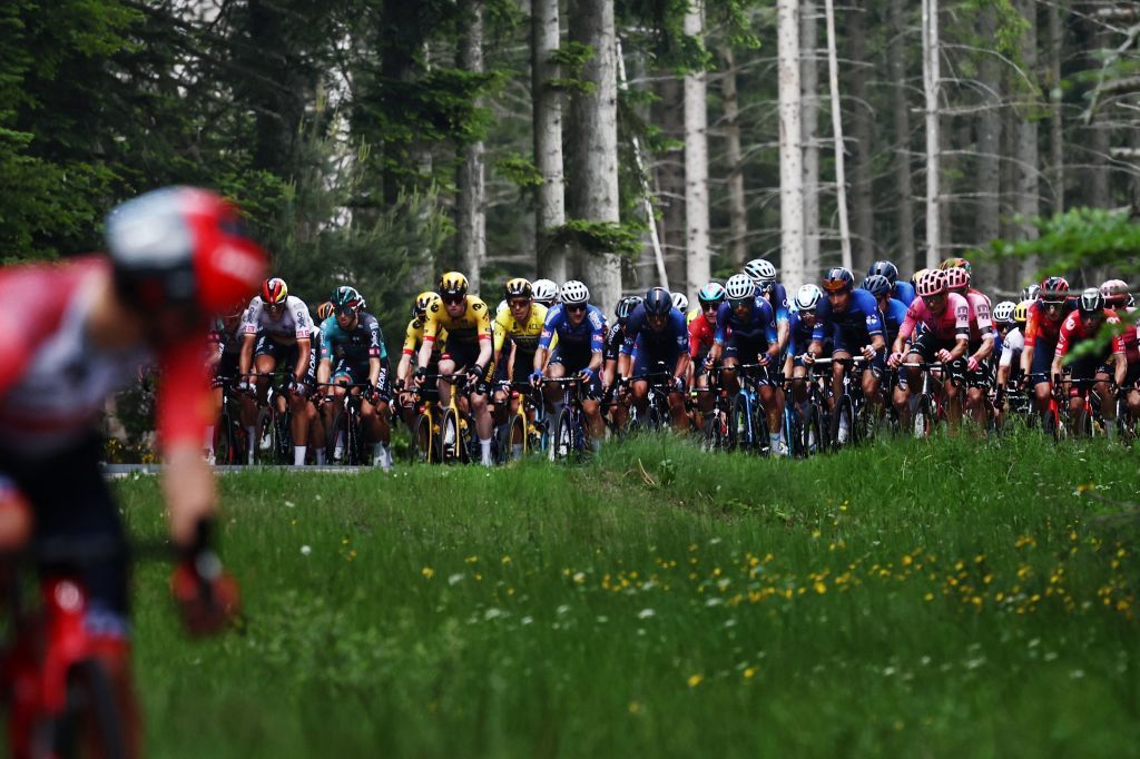 A rider L breaks away from the pack of riders during the second stage of the 75th edition of the Criterium du Dauphine cycling race 1673 kms betwenn BrassaclesMines and La ChaiseDieu central France on June 5 2023 Photo by AnneChristine POUJOULAT AFP Photo by ANNECHRISTINE POUJOULATAFP via Getty Images