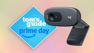 Logitech C270 on a multicolor backdrop with a prime day tag