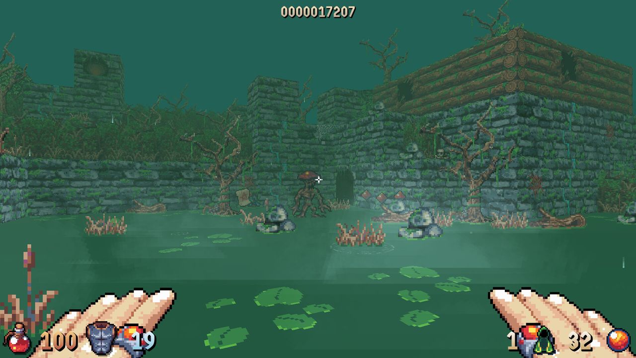 View toward ramparts in the middle of a green, hazy swamp.