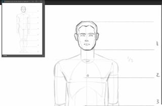 Rough pencil sketch of a human face and torso