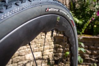 Fulcrum Sharq wheels mounted with Vittoria Terreno Mix tyres, side on view