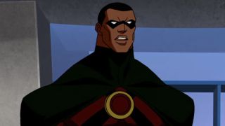 Icon (Tony Toddy) speaks with fellow Justice League members on Young Justice