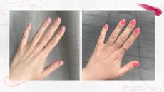 Two adjacent images of manicured hands, one with pale pink BIAB (left), the other with watermelon pink gel polish (right), set in front of an off white background featuring swatches of pink polish and pink single line illustration