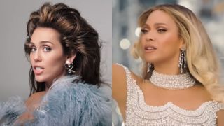 Miley Cyrus in the "Work" music video and Beyoncé holding a mic out in the trailer for the Renaissance tour.