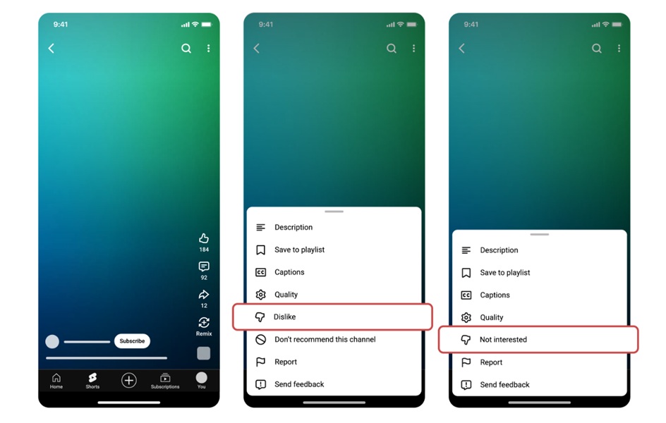 YouTube is running a test for Shorts for its thumbs down button, meaning some users will see it marked as "dislike" while others will see "not interested."