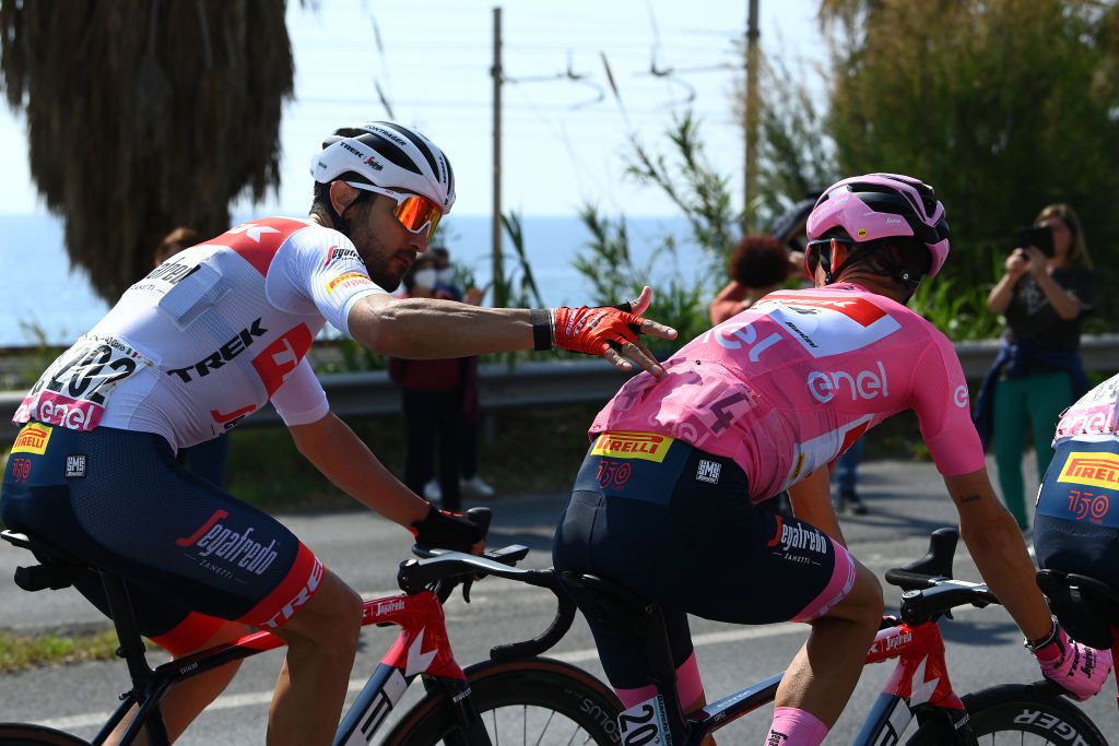 SCALEA ITALY MAY 12 LR Dario Cataldo of Italy and Juan Pedro Lpez of Spain and Team Trek Segafredo Pink Leader Jersey compete during the 105th Giro dItalia 2022 Stage 6 a 192km stage from Palmi to Scalea Giro WorldTour on May 12 2022 in Scalea Italy Photo by Tim de WaeleGetty Images