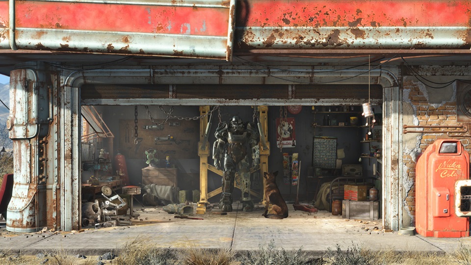 Fallout 4 power suit armor in a garage, a german shepherd looks at it