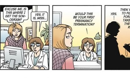 Several newspapers, including the Des Moines Register, the Oregonian, and the Indianapolis Star, won't run this Doonesbury cartoon, which makes light of a Texas law requiring women to get ult