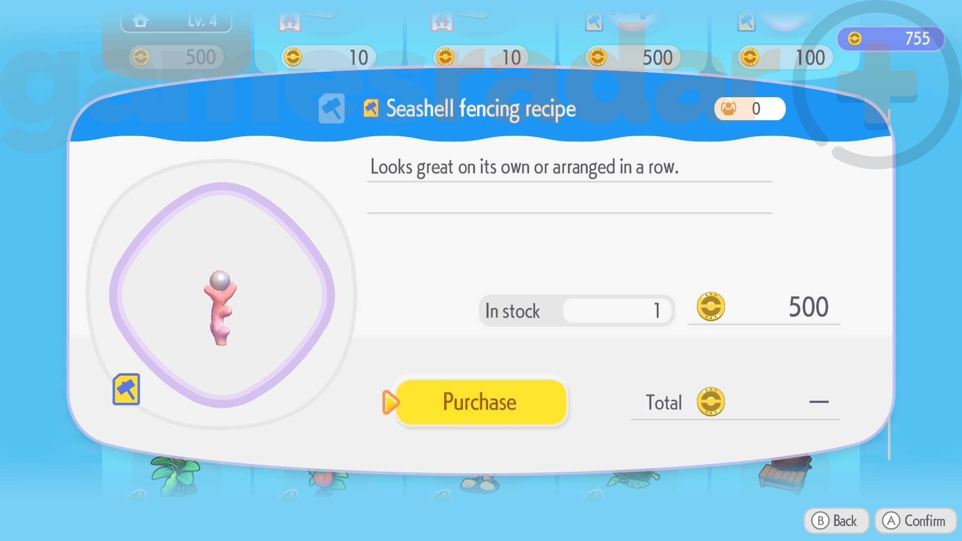 The Pokopia Seashell Fencing recipe is unlocked at the Pokemon Center for 500 Life Coins.