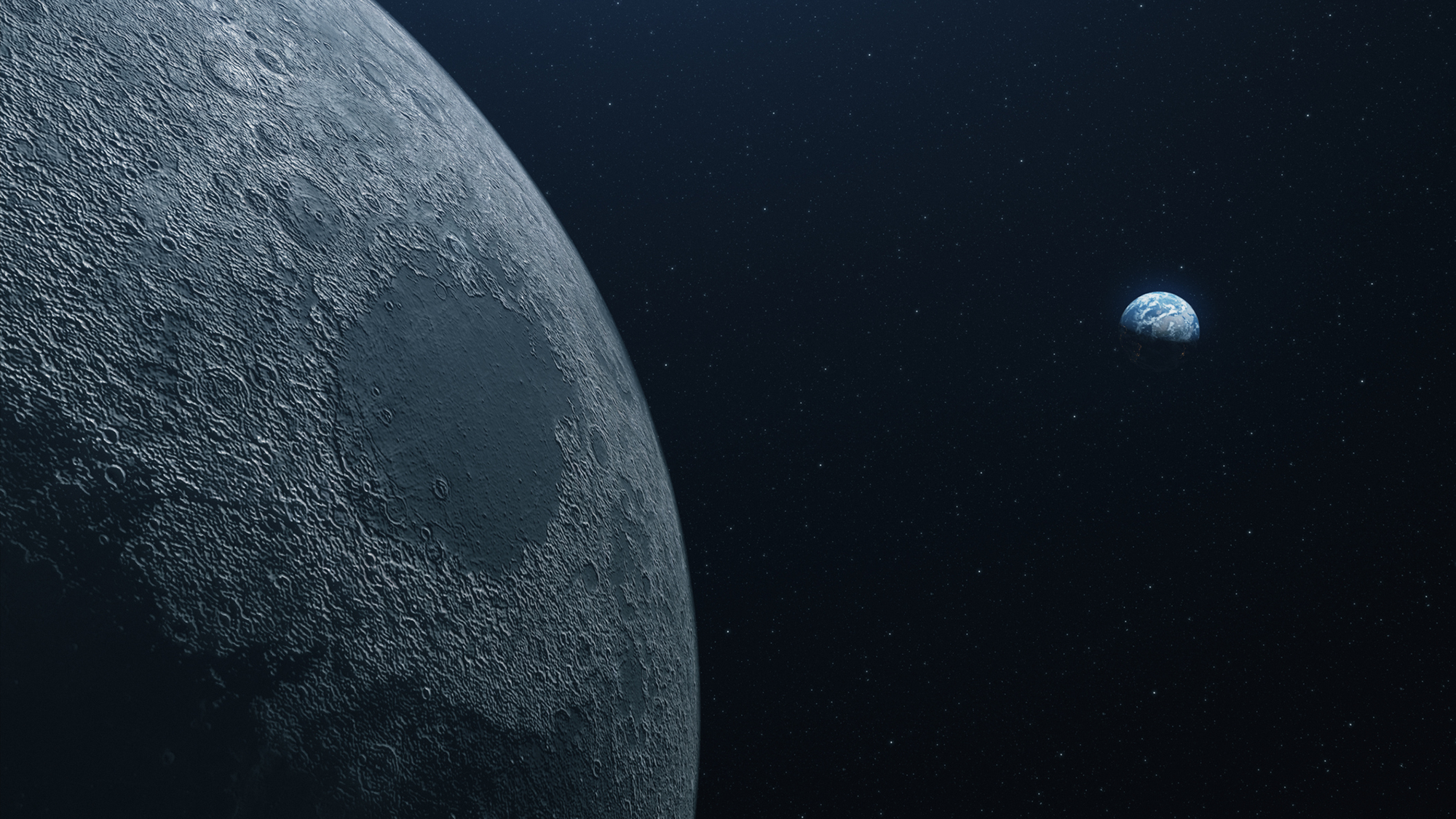 A close up of the moon in space with the Earth farther back and to the right