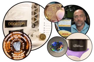 closeup photos of several mementos headed for the moon, including an amusement park token and a photo of a bald man with a goatee.