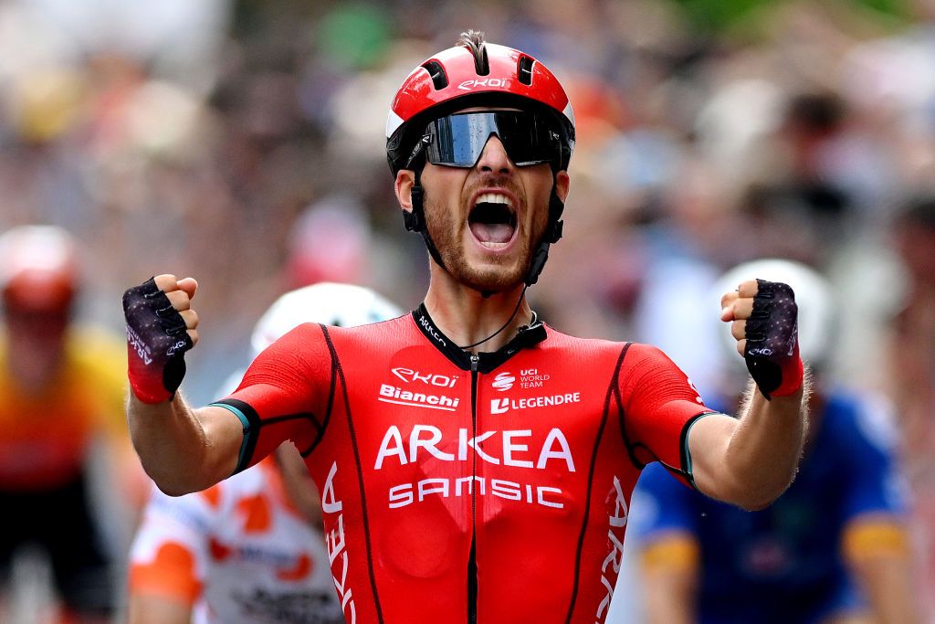 TRLISSAC FRANCE AUGUST 16 Luca Mozzato of Italy and Team ArkaSamsic celebrates at finish line as stage winner during the 56th Tour du LimousinPerigord Nouvelle Aquitaine 2023 Stage 2 a 1856km stage from Excideuil to Trlissac on August 16 2023 in Trlissac France Photo by Dario BelingheriGetty Images