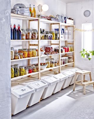 timer frame shelving as larder storage with food in glass jars and containers, recycling bins, wood stepping stool and stripped back wallsin utility room